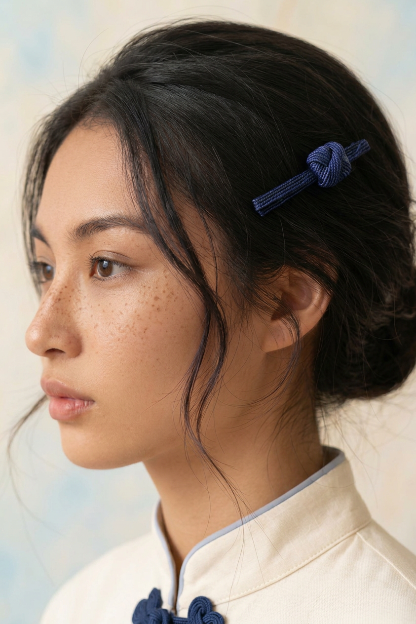 Indigo Dusk hairclip worn in dark hair with pale blue silk blouse
