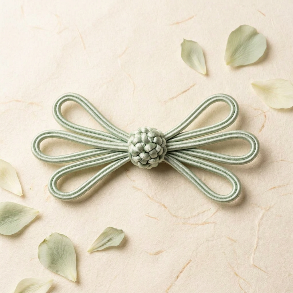 Jade Blossom — Soft jade silk knotted into a chrysanthemum pankou — petals around a braided spine.
