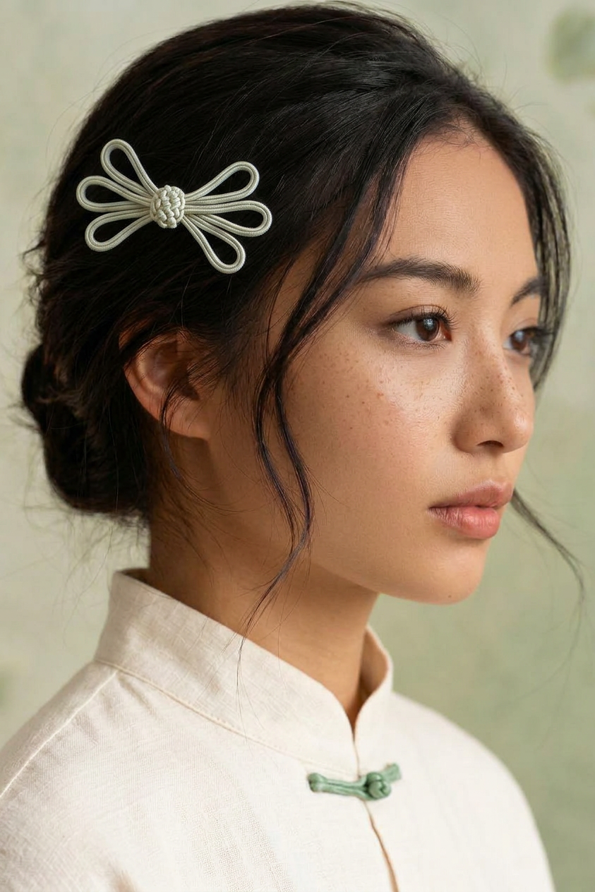 Jade Blossom hairclip worn in dark hair with ivory silk blouse