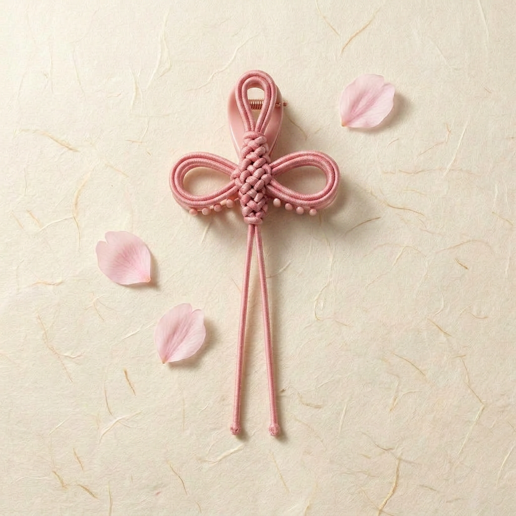 Peony Bow — Pale pink silk braided into a tall ruyi knot — slim, symmetrical, a quiet good-luck charm.