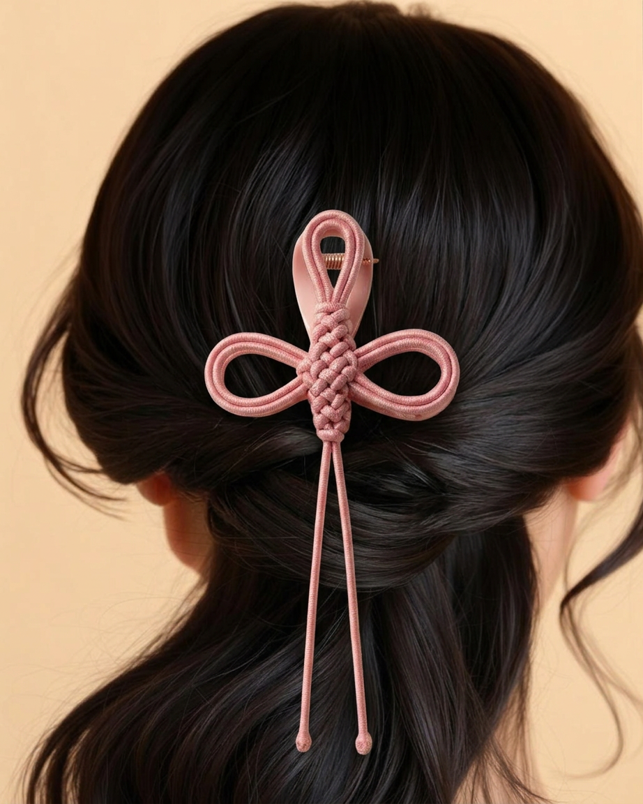 Peony Bow hairclip worn at the back of a low ponytail with pale pink silk blouse