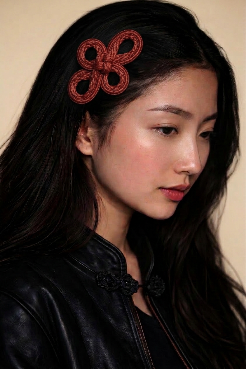 Rouge Velvet hairclip worn in dark hair with silk blouse