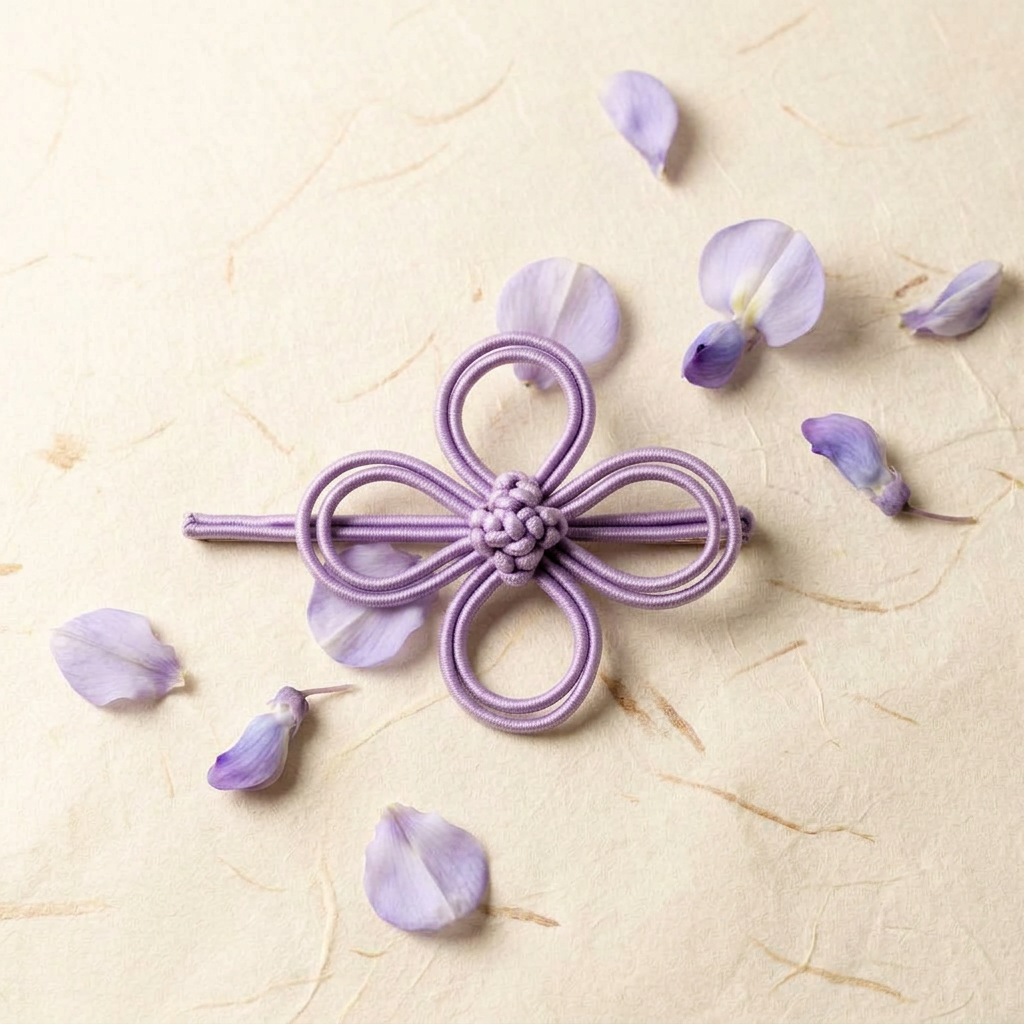 Lavender Clover — Four soft lavender loops around a tiny braided centre — like a clover pressed in a book.