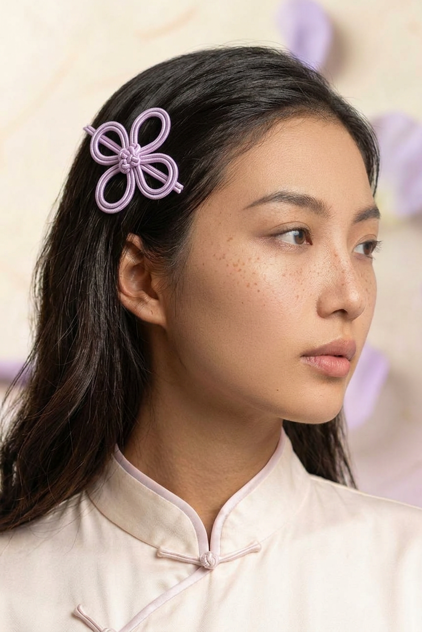 Lavender Clover hairclip worn in dark hair with ivory silk blouse
