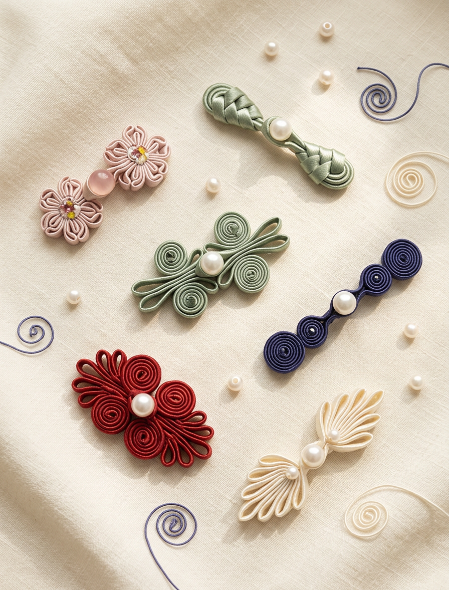 Flatlay of handcrafted Mutique pankou knot hairclips in rouge, jade, indigo, blush and ivory